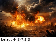 Apocalyptic landscape with explosive firestorm. Стоковое AI-изображение, AI-художник Иван Рябоконь / Фотобанк Лори