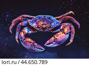 Digitally altered image of a crab with a cosmic, starry effect, giving an otherworldly appearance. Стоковое AI-изображение, AI-художник Иван Рябоконь / Фотобанк Лори