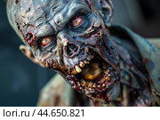 Terrifying zombie face with bloodshot eyes. Стоковое AI-изображение, AI-художник Иван Рябоконь / Фотобанк Лори