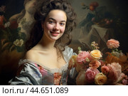 Nostalgia for old Paris: Acryl photo effect of young French woman with flowers, 18th century. Стоковое AI-изображение, AI-художник Veniamin Kraskov / Фотобанк Лори