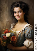 Nostalgia for old Paris: Acryl photo effect of young French woman with flowers, 18th century. Стоковое AI-изображение, AI-художник Veniamin Kraskov / Фотобанк Лори