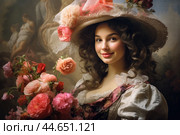 Nostalgia for old Paris: Acryl photo effect of young French woman with flowers, 18th century. Стоковое AI-изображение, AI-художник Veniamin Kraskov / Фотобанк Лори