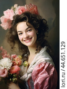 Nostalgia for old Paris: Acryl photo effect of young French woman with flowers, 18th century. Стоковое AI-изображение, AI-художник Veniamin Kraskov / Фотобанк Лори