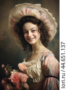 Nostalgia for old Paris: Acryl photo effect of young French woman with flowers, 18th century. Стоковое AI-изображение, AI-художник Veniamin Kraskov / Фотобанк Лори