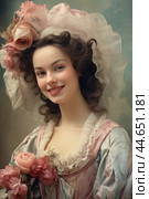 Nostalgia for old Paris: Acryl photo effect of young French woman with flowers, 18th century. Стоковое AI-изображение, AI-художник Veniamin Kraskov / Фотобанк Лори