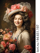 Nostalgia for old Paris: Acryl photo effect of young French woman with flowers, 18th century. Стоковое AI-изображение, AI-художник Veniamin Kraskov / Фотобанк Лори