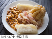 Peruvian traditional dish.fish ceviche with yuka and corn. Стоковое фото, фотограф Татьяна Яцевич / Фотобанк Лори
