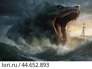 Titanic sea serpent rising from ocean waves. Стоковое AI-изображение, AI-художник Иван Рябоконь / Фотобанк Лори
