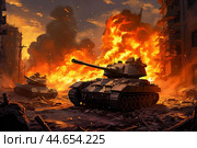 Ironclad Tank in burning city. Generate Ai. Стоковое AI-изображение, AI-художник Иван Рябоконь / Фотобанк Лори