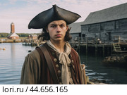 Young man in historic pirate costume at seaside village. Стоковое AI-изображение, AI-художник Иван Рябоконь / Фотобанк Лори