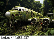 Abandoned airplane in jungle overgrowth. Стоковое AI-изображение, AI-художник Иван Рябоконь / Фотобанк Лори