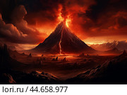 Cataclysmic volcanic eruption at twilight. Стоковое AI-изображение, AI-художник Иван Рябоконь / Фотобанк Лори