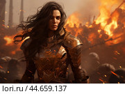 Warrior woman against fiery backdrop. Стоковое AI-изображение, AI-художник Иван Рябоконь / Фотобанк Лори