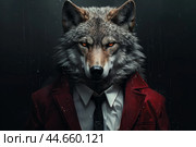 Mystical wolf in suit: leadership and power. Стоковое AI-изображение, AI-художник Иван Рябоконь / Фотобанк Лори