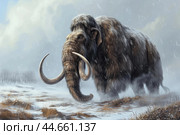 Majestic woolly mammoth in snowy landscape. Стоковое AI-изображение, AI-художник Иван Рябоконь / Фотобанк Лори
