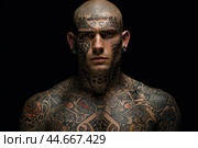 Rugged Tattooed tribe man portrait. Generate Ai. Стоковое AI-изображение, AI-художник Иван Рябоконь / Фотобанк Лори