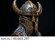 Ancient warrior helmet with horns on dark background. Стоковое AI-изображение, AI-художник Иван Рябоконь / Фотобанк Лори