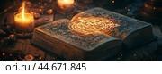 An ancient spellbook rests open on a wooden table with glowing symbols, surrounded by flickering candles and mystical artifacts at dusk. Стоковое AI-изображение, AI-художник Сергей Толмачёв / Фотобанк Лори