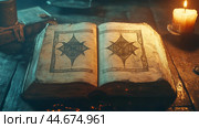 Ancient spellbook resting on a wooden table with flickering candlelight in a dimly lit room creating a mysterious ambiance. Стоковое AI-изображение, AI-художник Сергей Толмачёв / Фотобанк Лори