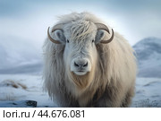 Majestic white muskox in snowy landscape. Стоковое AI-изображение, AI-художник Иван Рябоконь / Фотобанк Лори