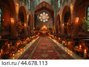 A beautifully decorated church interior featuring floral arrangements, candles, and a stunning stained glass window during a serene evening ceremony. Стоковое AI-изображение, AI-художник Сергей Толмачёв / Фотобанк Лори