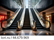 Modern escalators in a sleek shopping mall interior. Стоковое AI-изображение, AI-художник Иван Рябоконь / Фотобанк Лори