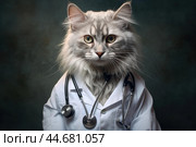 Professional vet cat with stethoscope. Стоковое AI-изображение, AI-художник Иван Рябоконь / Фотобанк Лори