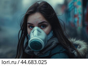 Young woman wearing gas mask in city. Стоковое AI-изображение, AI-художник Иван Рябоконь / Фотобанк Лори