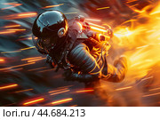 Pilot flying with jetpack leaving fire trails at high speed. Стоковое AI-изображение, AI-художник Иван Рябоконь / Фотобанк Лори