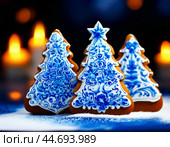 Colorful Christmas gingerbread cookies. Close-up, blurred background with twinkling lights. Стоковое AI-изображение, AI-художник Сергей Елизарьев / Фотобанк Лори