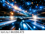 Ночное небо, усыпанное звездами, над планетой Земля. Стоковое AI-изображение, AI-художник Александр Бушков / Фотобанк Лори