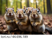 Group of funny chipmunks in the wild. Стоковое AI-изображение, AI-художник Veniamin Kraskov / Фотобанк Лори