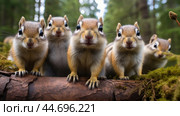 Group of funny chipmunks in the wild. Стоковое AI-изображение, AI-художник Veniamin Kraskov / Фотобанк Лори