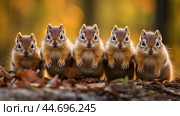 Group of funny chipmunks in the wild. Стоковое AI-изображение, AI-художник Veniamin Kraskov / Фотобанк Лори