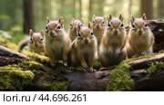 Group of funny chipmunks in the wild. Стоковое AI-изображение, AI-художник Veniamin Kraskov / Фотобанк Лори