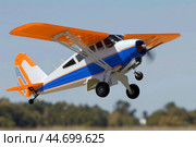 Orange and blue remote controlled airplane flying over trees. Стоковое AI-изображение, AI-художник Иван Рябоконь / Фотобанк Лори