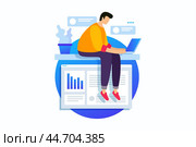 Concept of digital technology, work with business graphics, career growth to success. Young man sits with laptop and rewrites in chat. Стоковая иллюстрация, иллюстратор KOSIM / Фотобанк Лори