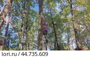 Woman goes through obstacle course on ropes in amusement park, independently practices extreme sport. Стоковое видео, видеограф Сергей Чайко / Фотобанк Лори
