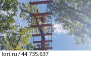 Child completing obstacle course on ropes in amusement park, girl doing extreme sport on her own, bottom view. Стоковое видео, видеограф Сергей Чайко / Фотобанк Лори