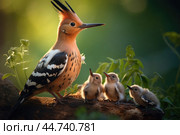 Eurasian hoopoe (Upupa epops) with chicks. Стоковое AI-изображение, AI-художник Veniamin Kraskov / Фотобанк Лори