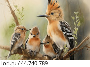 Eurasian hoopoe (Upupa epops) with chicks. Стоковое AI-изображение, AI-художник Veniamin Kraskov / Фотобанк Лори