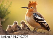 Eurasian hoopoe (Upupa epops) with chicks. Стоковое AI-изображение, AI-художник Veniamin Kraskov / Фотобанк Лори