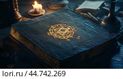 Mysterious ancient spellbook with glowing symbols illuminated by candlelight in a dimly lit room. Стоковое AI-изображение, AI-художник Сергей Толмачёв / Фотобанк Лори