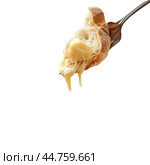Delicious fondue cheese dripping from bread on fork. Стоковое AI-изображение, AI-художник Иван Рябоконь / Фотобанк Лори