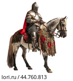 Medieval knight in full armor riding a horse with red caparison. Стоковое AI-изображение, AI-художник Иван Рябоконь / Фотобанк Лори