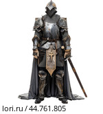 Medieval knight wearing full body armor standing with sword. Стоковое AI-изображение, AI-художник Иван Рябоконь / Фотобанк Лори