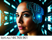The concept of high technology development, artificial intelligence, super brain, robotics development,The concept of high technology development, artificial intelligence, super brain, robotics development,The concept of high technology development, artificial intelligence, super brain, robotics development,Концепция развития высоких технологий,исскуственный интелект,супер мозг,развитие робототехники. Стоковое AI-изображение, AI-художник Миронов Павел / Фотобанк Лори