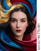 Abstraction portraits of beautiful girls with a variety of hairstyles in combination with a three-color color scheme, red, blue and gold colors, liquid minimalism, merging with the background.Unique illustrations for beauty salons, hairdressers, fashion magazines and more.,Абстракция портреты красивых девушек с разнообразными прическами в комбинации с трехцветной цветовой гаммой,красно, сине золотистые цвета,жидкий минимализм,слияние с задним фоном.Уникальные иллюстрации для салонов красоты,парикмахерских,журналов моды и не только. Стоковое AI-изображение, AI-художник Миронов Павел / Фотобанк Лори