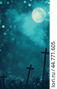 Graveyard cross under full moon with spider web and bokeh effect, background. Стоковое AI-изображение, AI-художник Анастасия Золотницкая / Фотобанк Лори