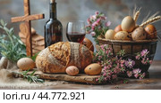 Easter bread, wine and eggs celebrating resurrection of jesus. Стоковое AI-видео, аниматор Юрий Поздников / Фотобанк Лори